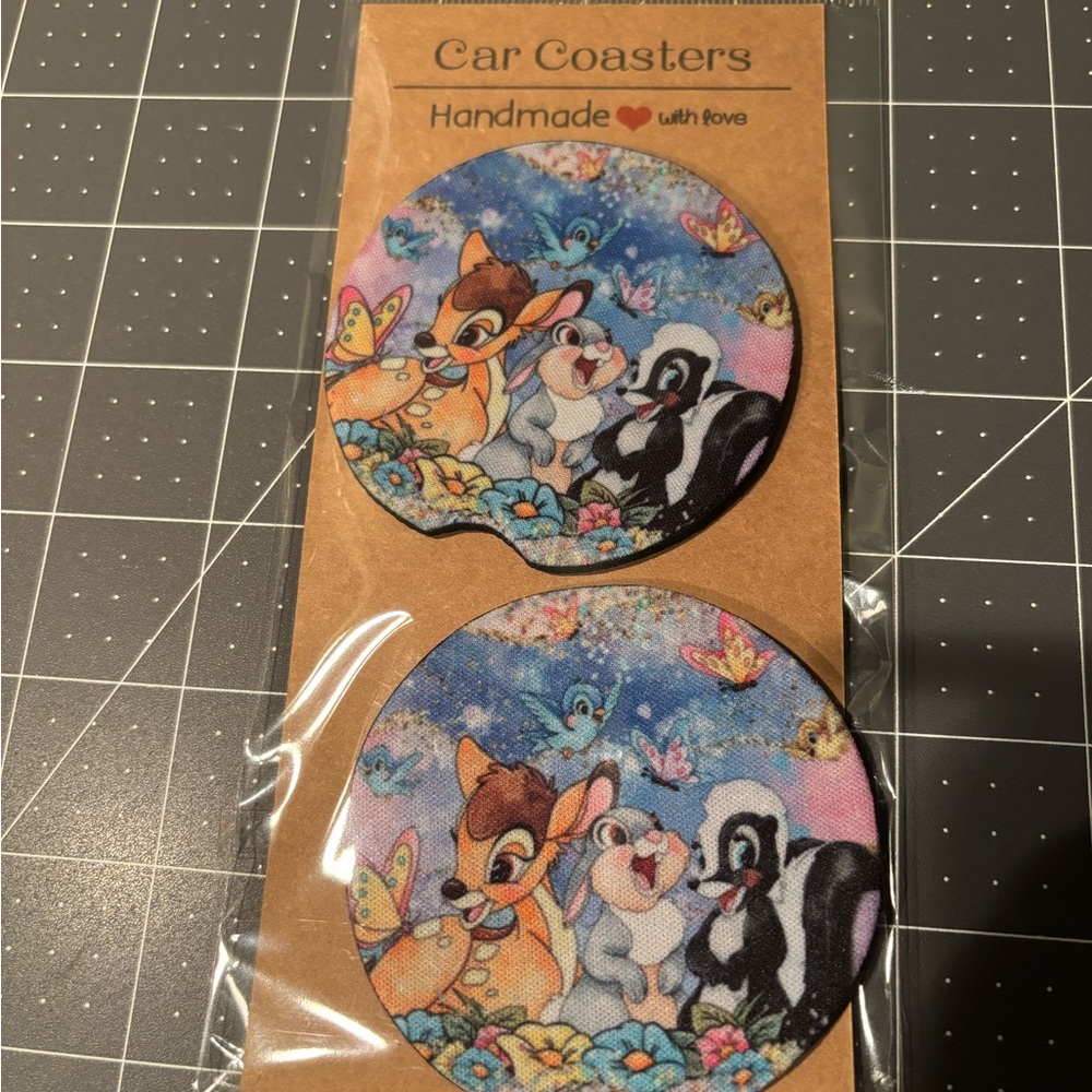 Handmade Animal Print Car Coasters - Multicolor. Bambi. Rubber-fabric